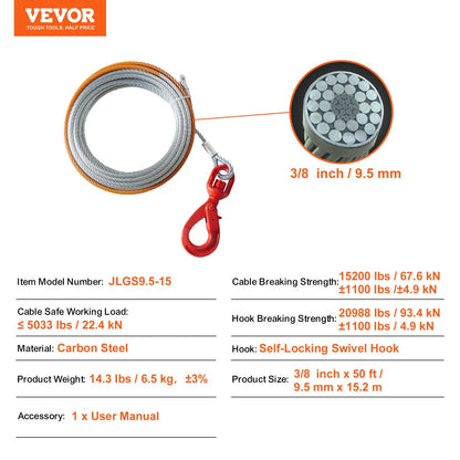 Heavy Duty 9.5mm x 15.2m Steel Winch Cable with Swivel Hook, 67.6 kN Strength
