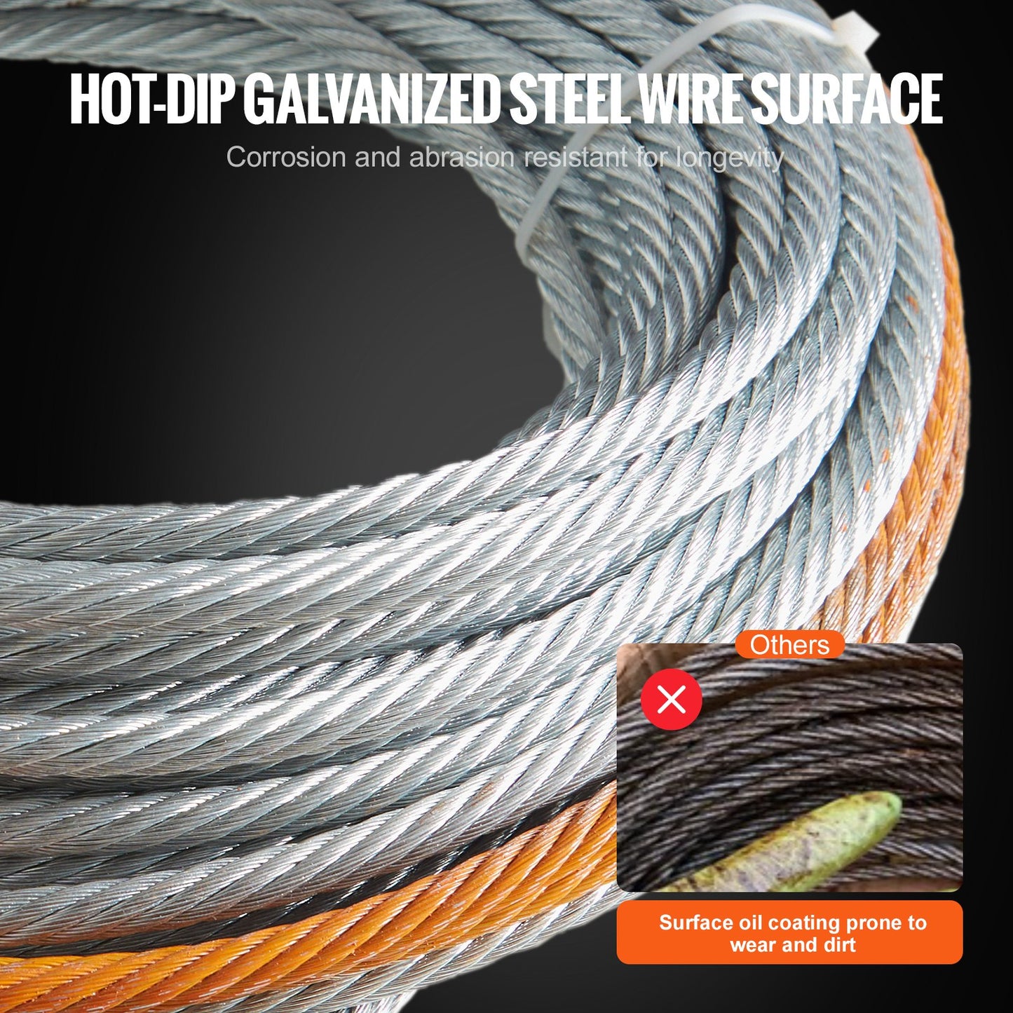 VEVOR Galvanized Steel Winch Cable, 9.5 mm x 22.9 m 67.6 kN Breaking Strength, Wire
