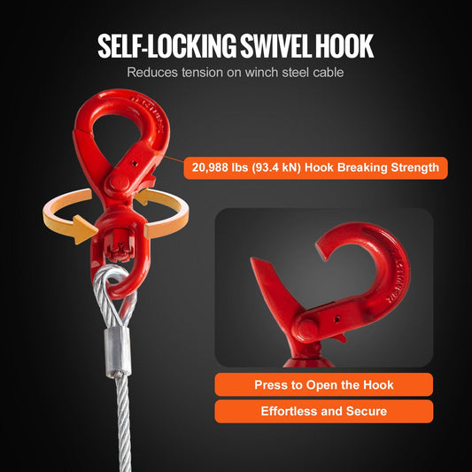 Heavy-Duty Galvanized Steel Winch Cable with Swivel Hook, 9.5 mm x 22.9 m