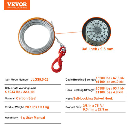 VEVOR Galvanized Steel Winch Cable, 9.5 mm x 22.9 m 67.6 kN Breaking Strength, Wire