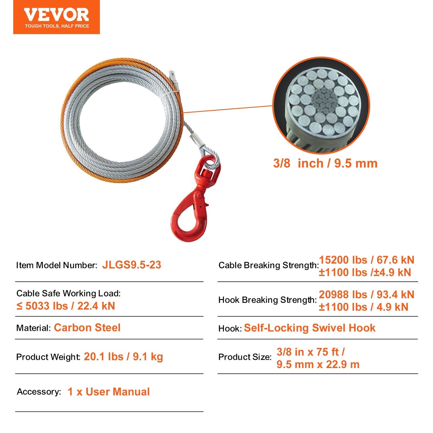 Heavy-Duty Galvanized Steel Winch Cable with Swivel Hook, 9.5 mm x 22.9 m