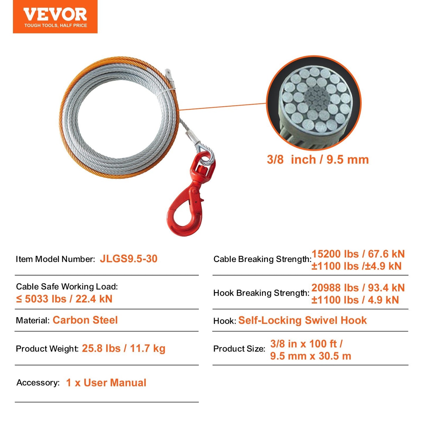 Heavy Duty Galvanized Steel Winch Cable 9.5mm x 30.5m with Swivel Hook