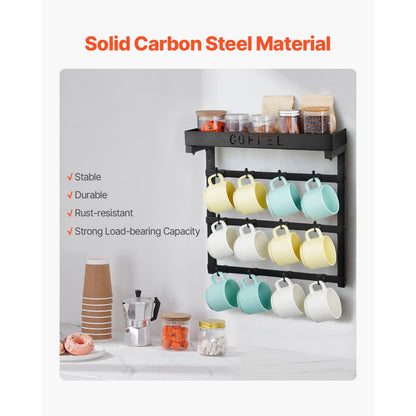 VEVOR Coffee Mug Holder Wall Mounted w/ 12 Movable Hooks and Top Shelf Cup Rack