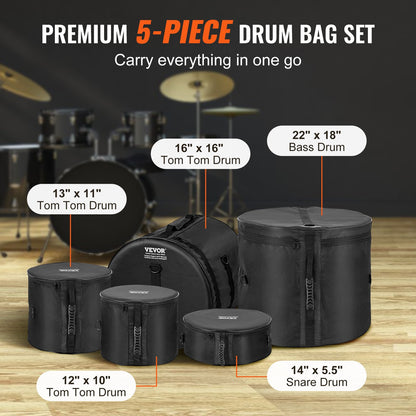 VEVOR 5-Piece Drum Bag Set, 1680D Oxford Fabric, Padded Drum Bags and Cases with