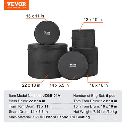 VEVOR 5-Piece Drum Bag Set, 1680D Oxford Fabric, Padded Drum Bags and Cases with