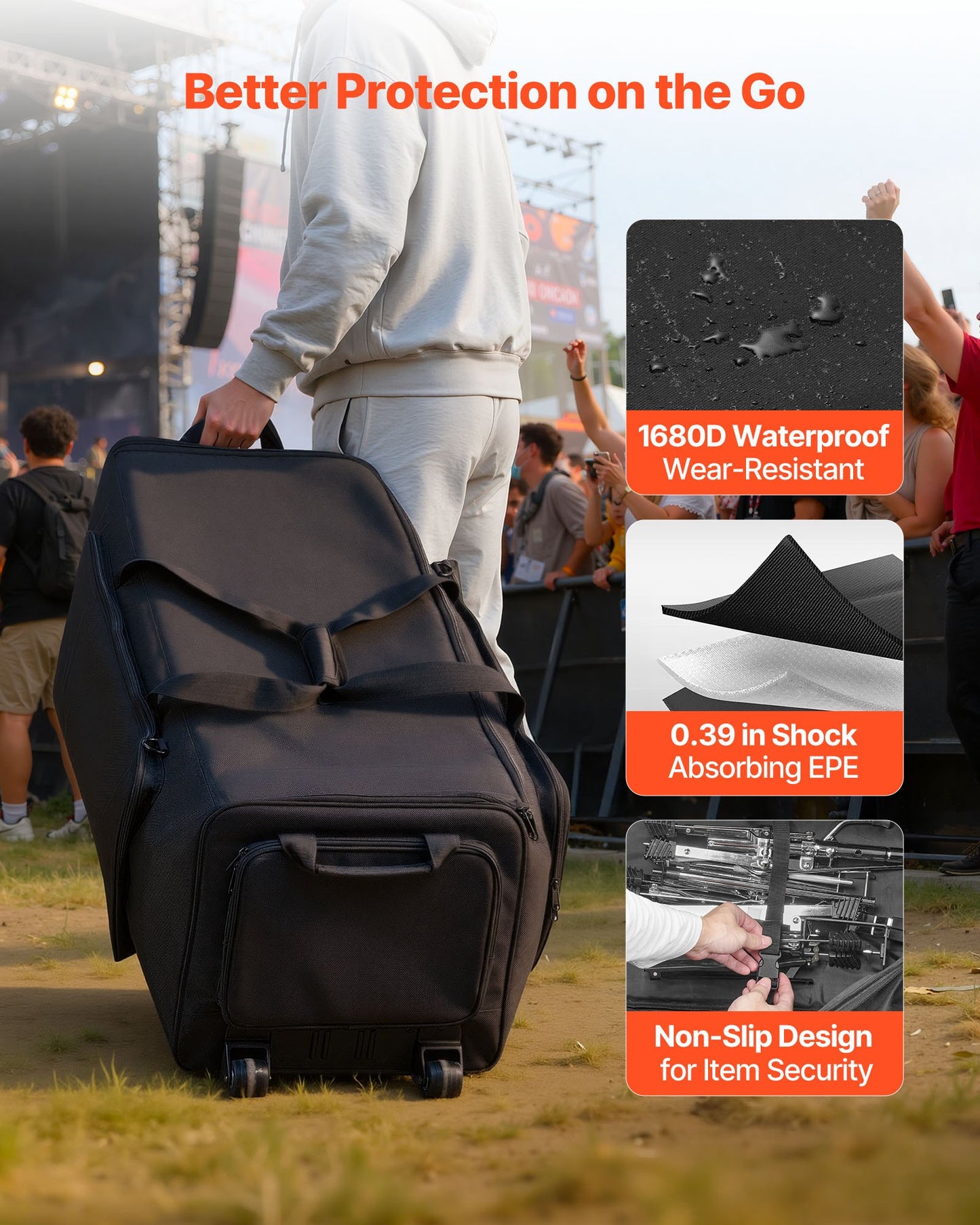 Drum Hardware Bag with Wheels, 1680D, Drum Set Equipment Carry Bag, Carrying Case with Sturdy Handle, Durable Zipper, Smooth PVC Wheels, Multiple Pockets, for Hardware and Stand Accessory, Black