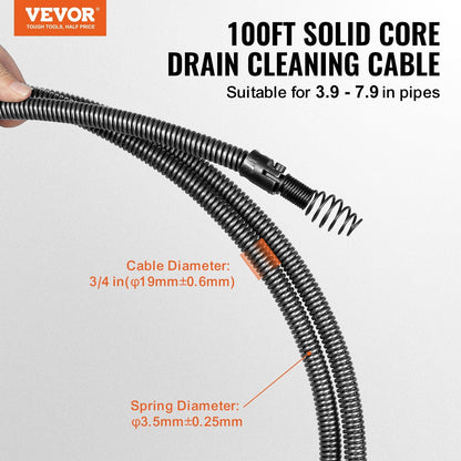 Professional 30m Solid Core Steel Drain Cleaning Cable with 4 Cutters