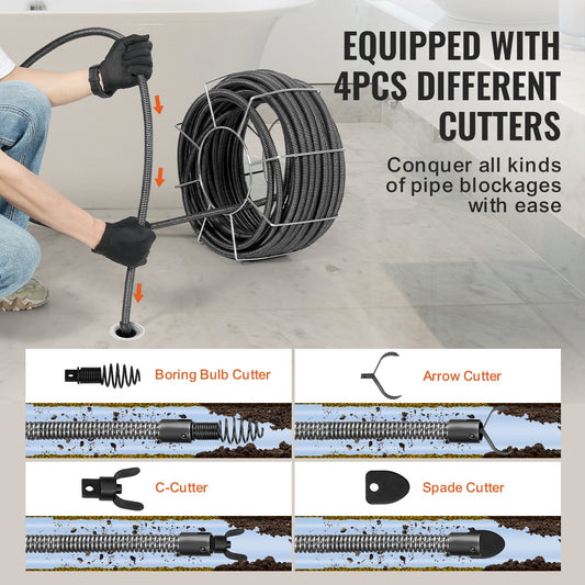 Professional 30m Solid Core Steel Drain Cleaning Cable with 4 Cutters