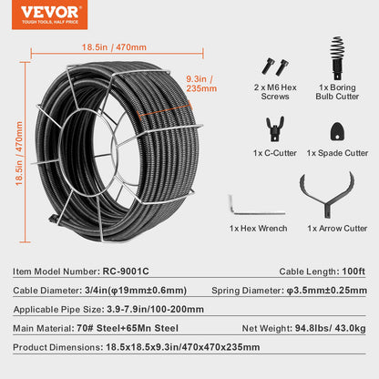 VEVOR Drain Cleaning Cable 100 FT x 3/4 Inch, Solid Core Steel Drain Cleaner Cable