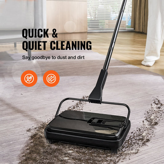 Non-electric floor sweeper collects dust, crumbs, pet hair, and debris without batteries or cords