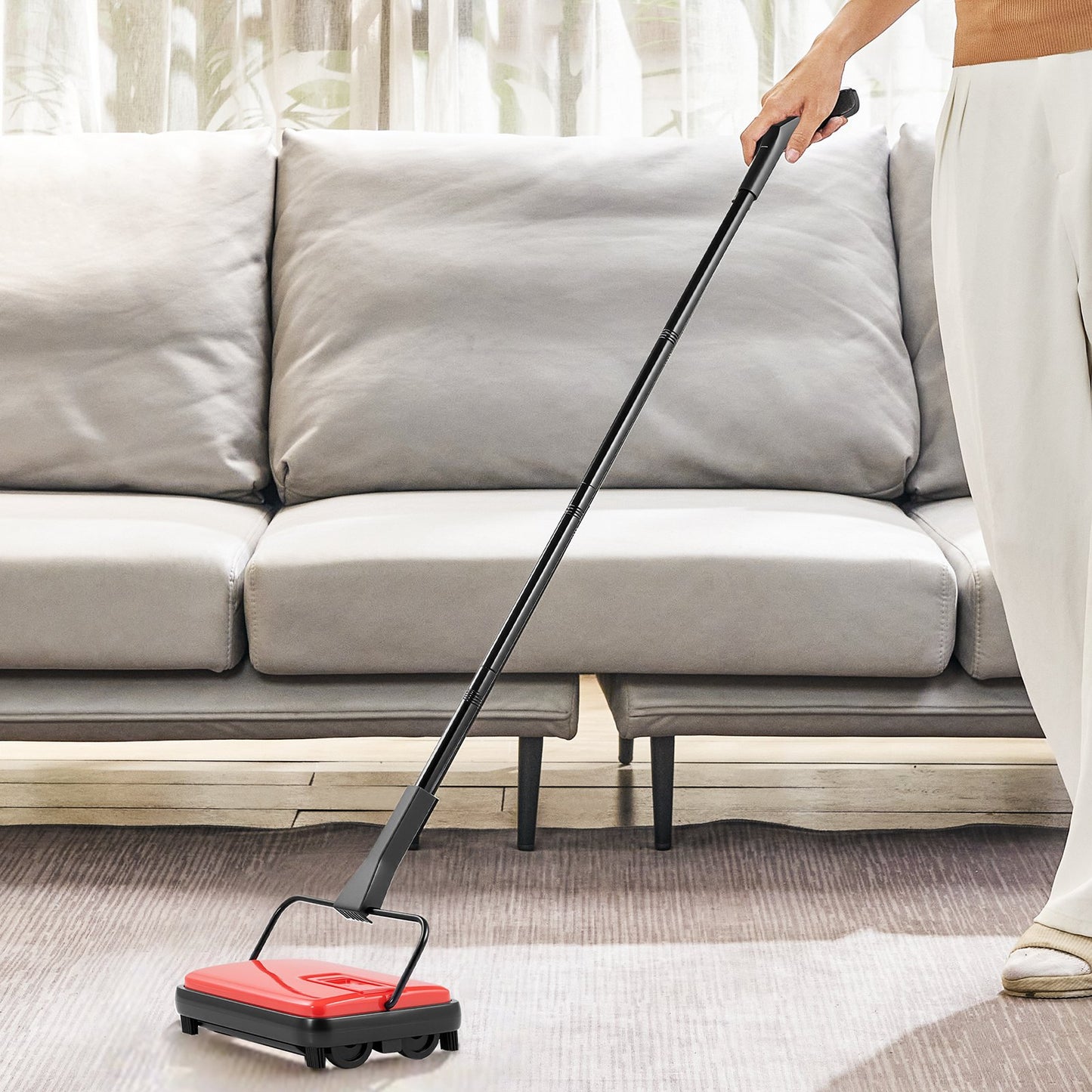 Carpet Sweeper Manual, Floor Sweeper with 300 ml Dustbin Capacity Easy to Empty, 17 cm Cleaning Width for Home Office Carpets Pet Hair Dust, Red
