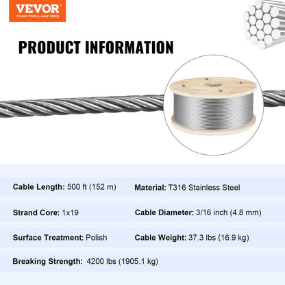 Stainless Steel Marine Grade Cable, 4.8mm x 152m, for Various Applications