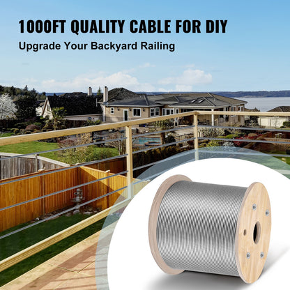 VEVOR Stainless Steel Cable Railing 3/16" x 1000ft, Wire Rope 316 Marine Grade,