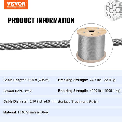Marine Grade 316 Stainless Steel Cable - 4.8mm x 305m for Deck & Railings