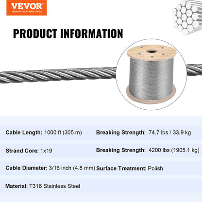 VEVOR Stainless Steel Cable Railing 3/16" x 1000ft, Wire Rope 316 Marine Grade,
