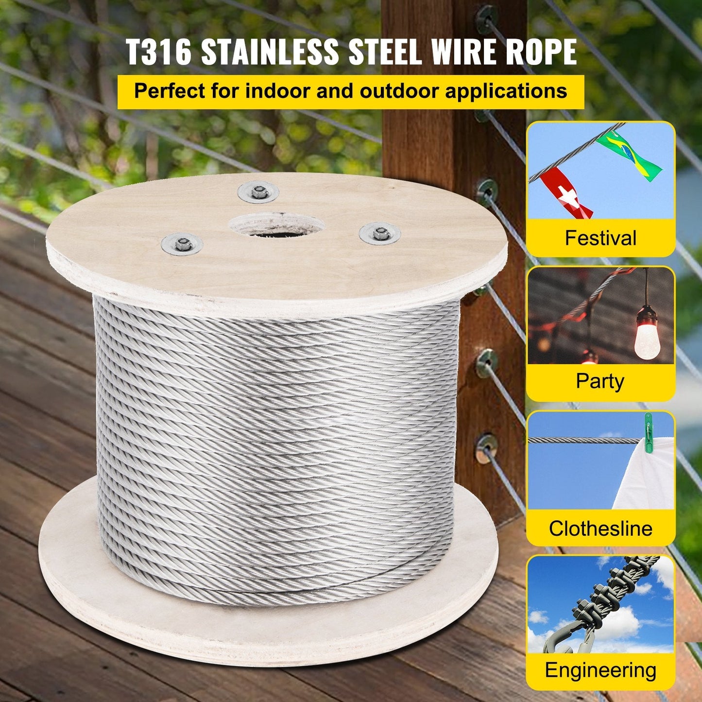 152 m Stainless Steel 4 mm Wire Rope, 1x19 T-316, 1496 kg Strength
