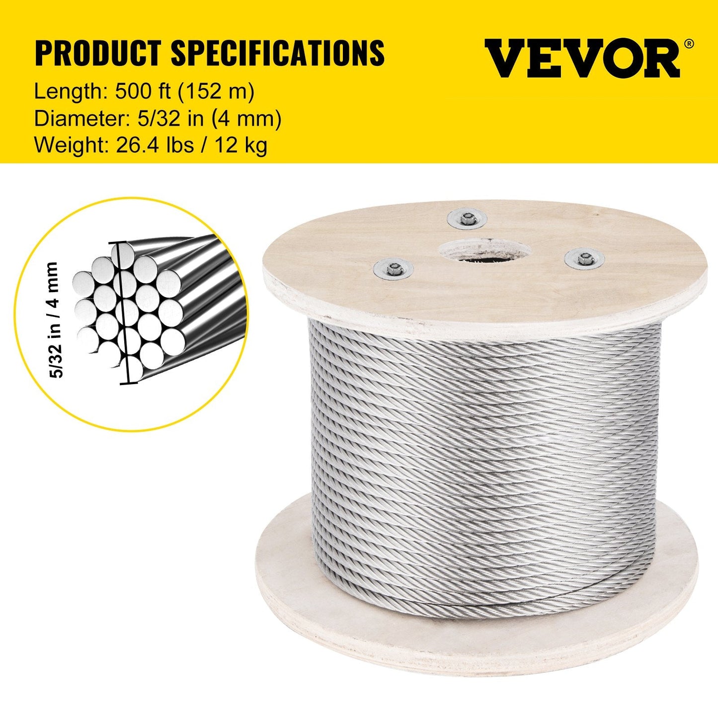 152 m Stainless Steel 4 mm Wire Rope, 1x19 T-316, 1496 kg Strength
