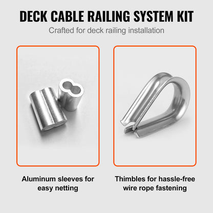 VEVOR 1/16 Wire Rope Kit, 304 Stainless Steel Cable with 80 Sleeves and 20 Thimbles,