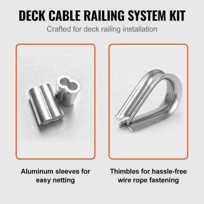 Stainless Steel Wire Rope Kit, 100m Cable with Sleeves & Thimbles, Marine Grade