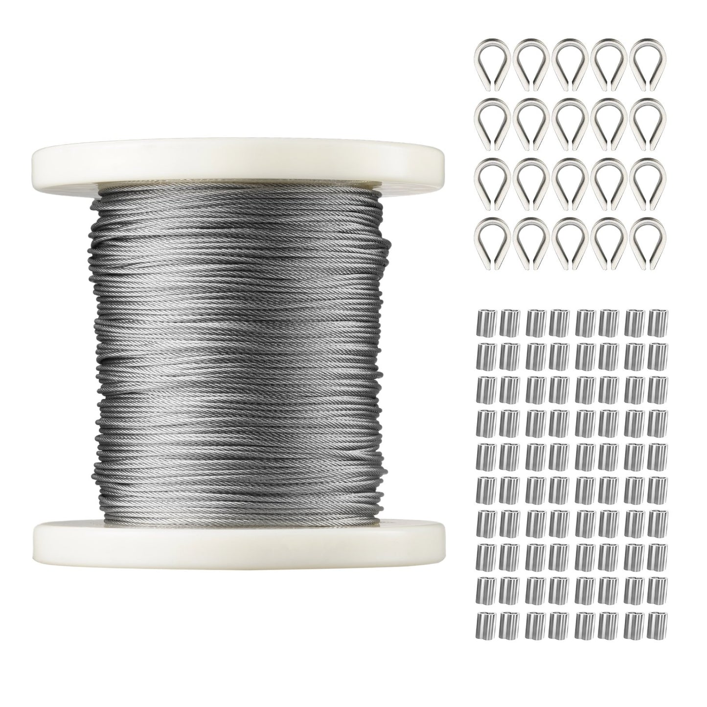 VEVOR 1/16 Wire Rope Kit, 304 Stainless Steel Cable with 80 Sleeves and 20 Thimbles,
