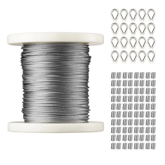 VEVOR 1/16 Wire Rope Kit, 304 Stainless Steel Cable with 80 Sleeves and 20 Thimbles,