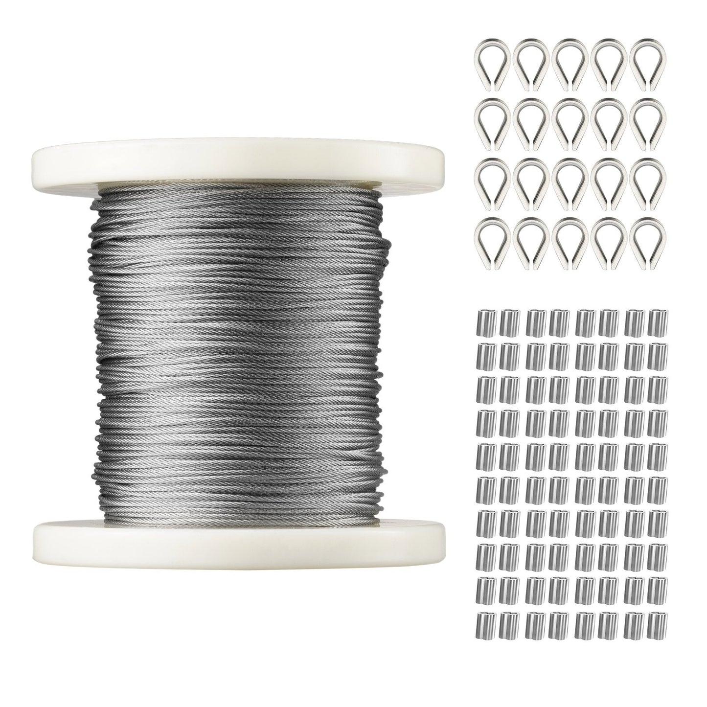 Stainless Steel Wire Rope Kit, 100m Cable with Sleeves & Thimbles, Marine Grade