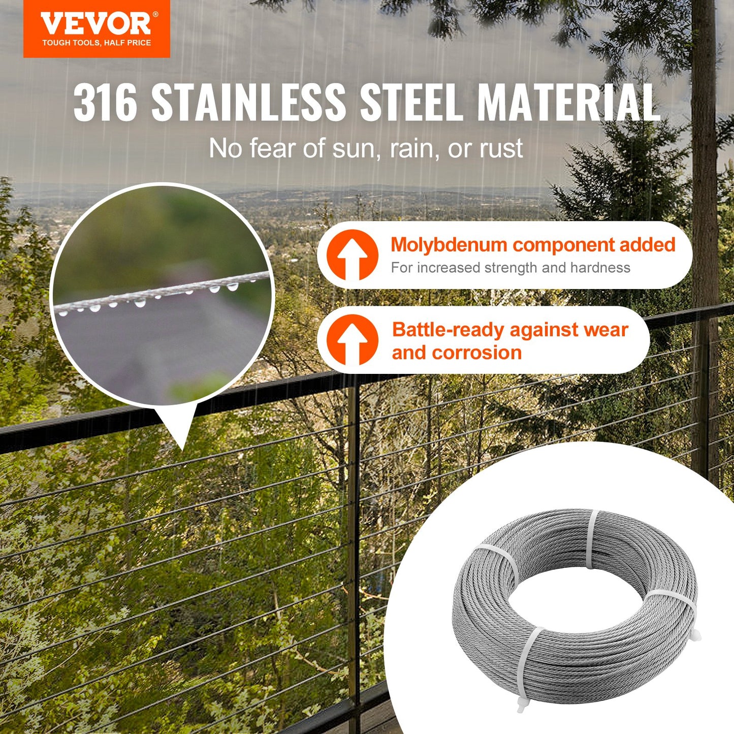 VEVOR T316 Deck Railing Cable, 1/8" Stainless Steel Wire Rope 9144 cm with Cutter