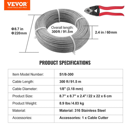 VEVOR T316 Deck Railing Cable, 1/8" Stainless Steel Wire Rope 9144 cm with Cutter