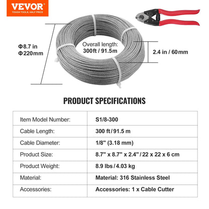 Stainless Steel 316 Wire Rope with Cutter, 91.5m for Deck Railing & Fencing