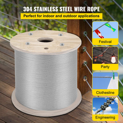 VEVOR 6.4 mm Stainless Steel Cable 61 m, 7 X 19 Steel Wire Rope Marine Grade Braided