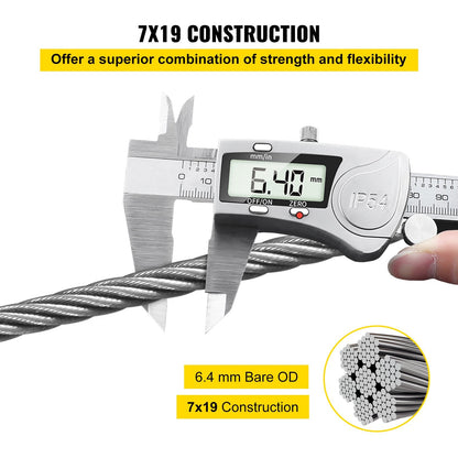 6.4 mm Stainless Steel Wire Rope 61 m Marine Grade, 7x19 Construction