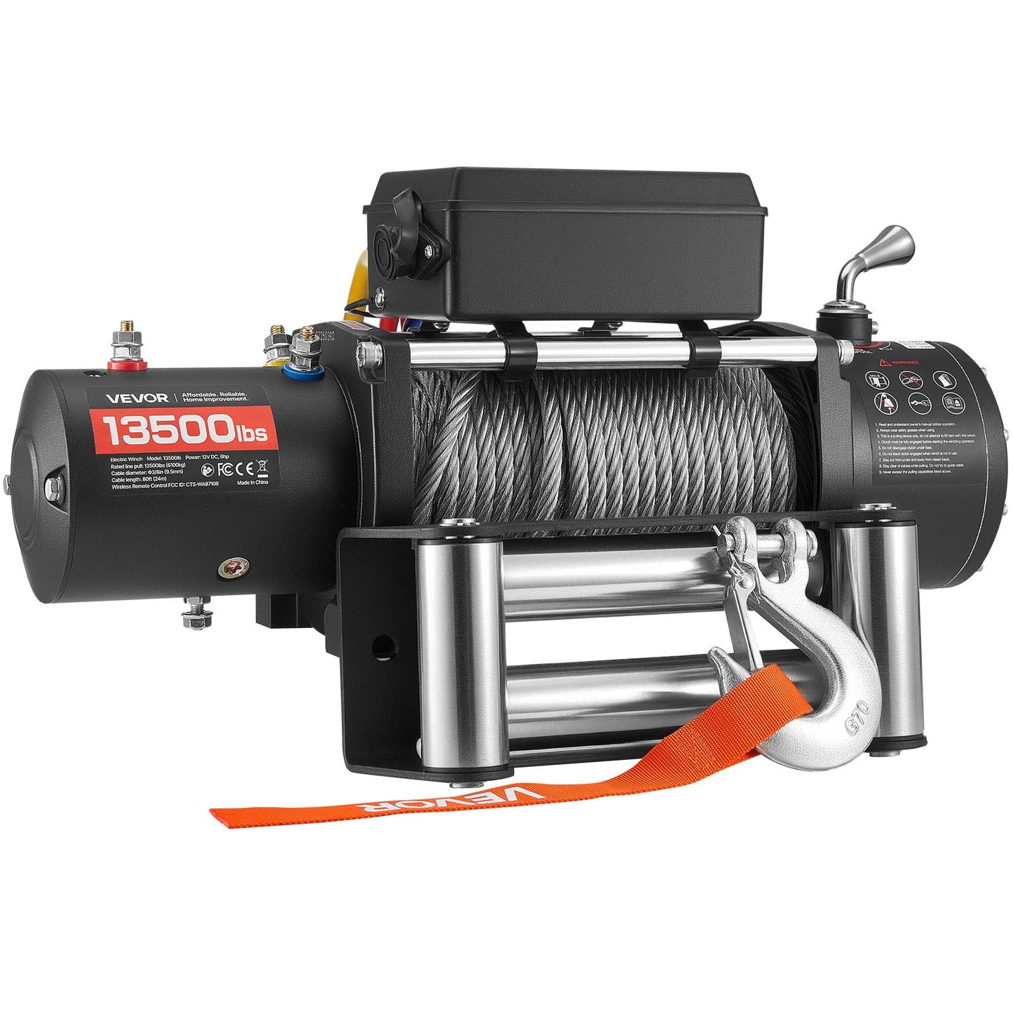 Electric Winch, 6100 kg Load Capacity, 12V DC Truck Winch with Φ9.5 mm x 24 m Steel Rope, Wireless & Wired Remote Control, IP55 Waterproof for Towing SUV Jeep Trailer Boat Off-Road Vehicle
