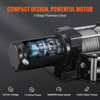 Electric Winch 1361 kg Capacity, 0.5 cm x 12 m Rope, Wireless Remote Control