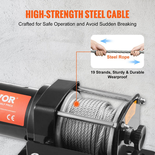 Electric Winch 1361 kg Capacity, 0.5 cm x 12 m Rope, Wireless Remote Control