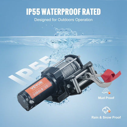 Electric Winch 1361 kg Capacity, 0.5 cm x 12 m Rope, Wireless Remote Control