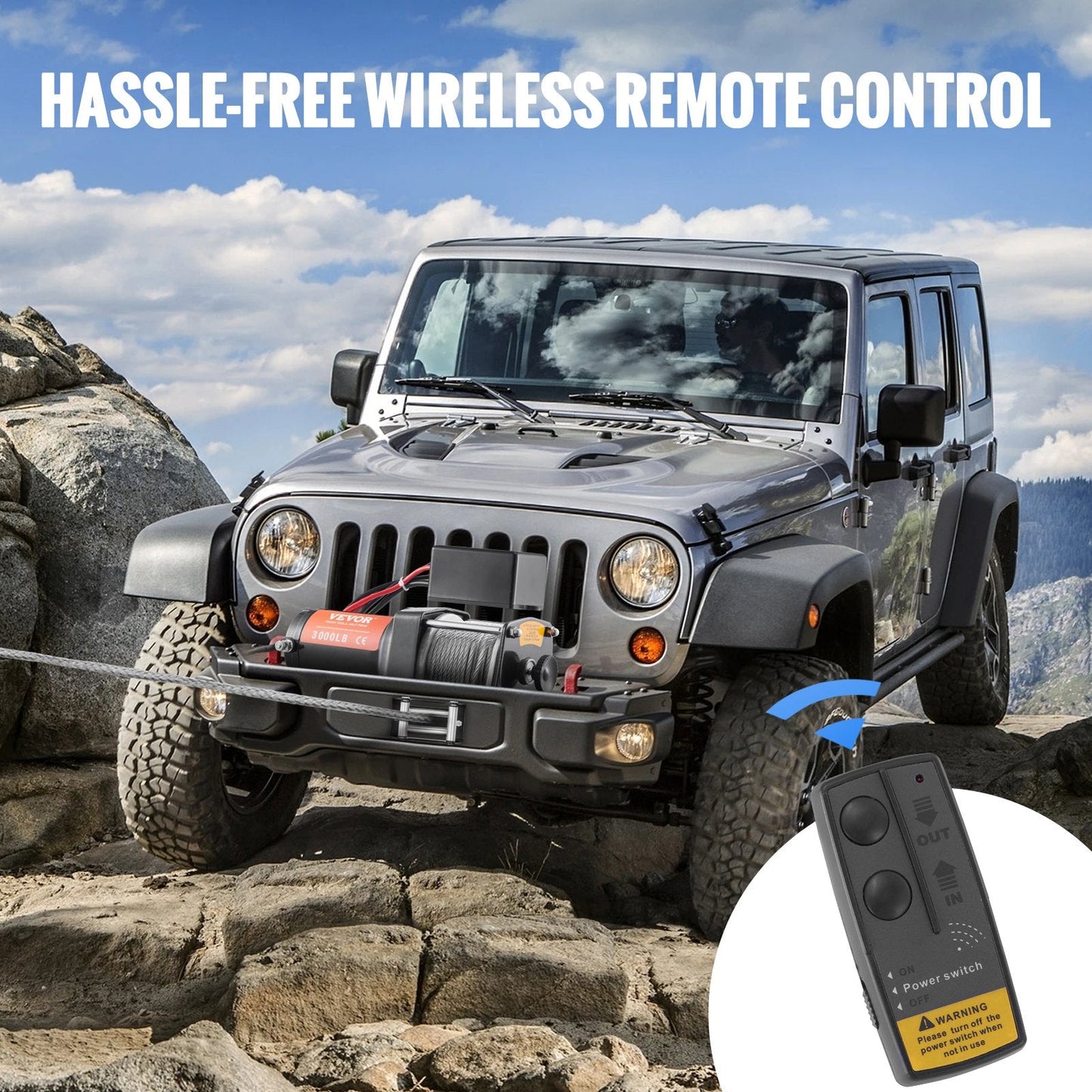 Electric Winch 1361 kg Capacity, 0.5 cm x 12 m Rope, Wireless Remote Control