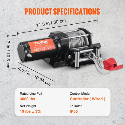 VEVOR Electric Winch, 1361 kg Load Capacity Steel Rope Winch, IP55 0.5 cm x 12 m