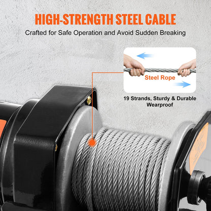 Electric Winch, 907 kg Load, 0.4 cm x 12 m Rope, IP55, Remote Control, Off-Road Use