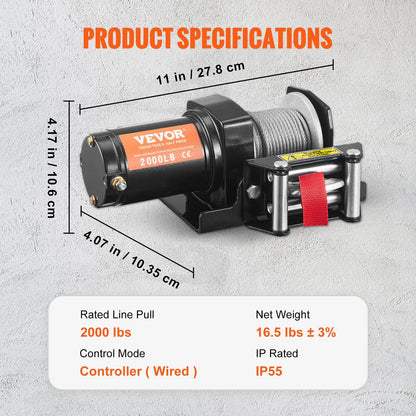 Electric Winch, 907 kg Load, 0.4 cm x 12 m Rope, IP55, Remote Control, Off-Road Use