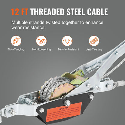 Heavy Duty 2 Ton Winch with 3.7 m Cable & Dual Gear Ratchet for Vehicle Rescue