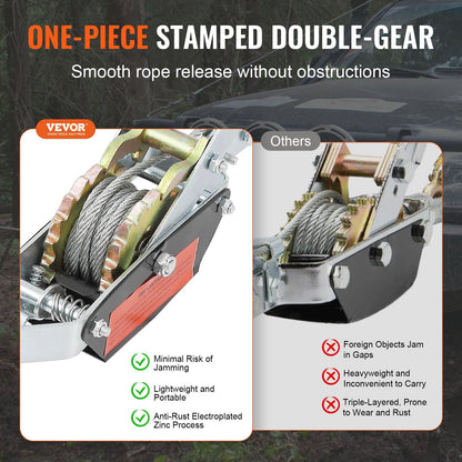 Heavy Duty 2 Ton Winch with 3.7 m Cable & Dual Gear Ratchet for Vehicle Rescue
