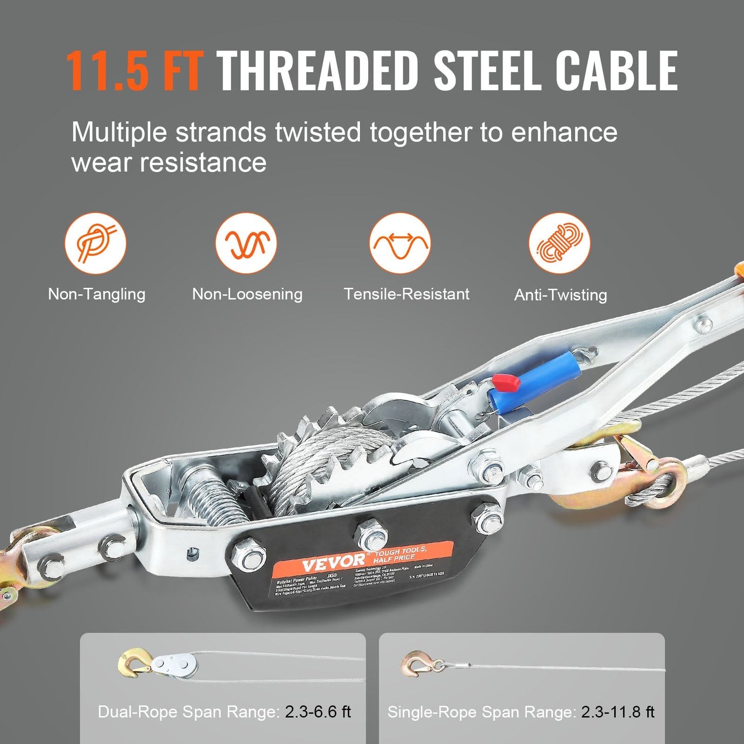 Heavy Duty 5T Ratchet Puller with 3.5m Cable and 3 Hooks for Vehicle Rescue