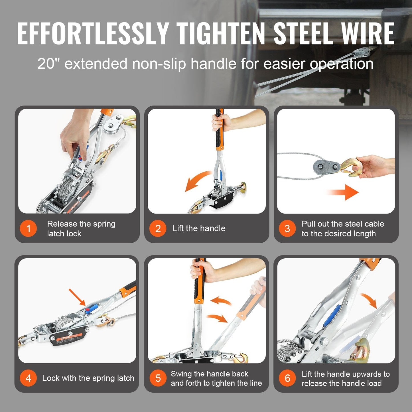 Heavy Duty 5T Ratchet Puller with 3.5m Cable and 3 Hooks for Vehicle Rescue