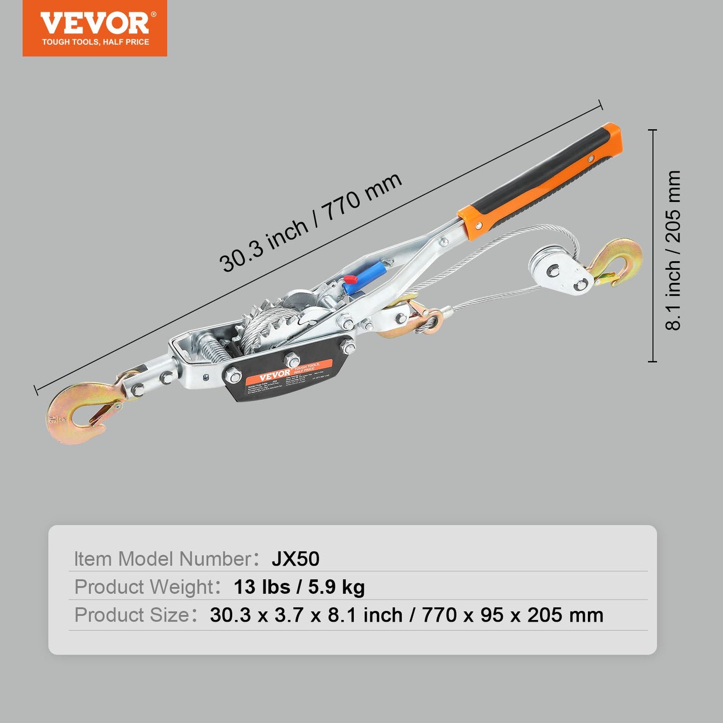 VEVOR Come Along Winch, 5 Ton Max Pulling Capacity, 3.5 m Steel Cable, 3 Hooks,