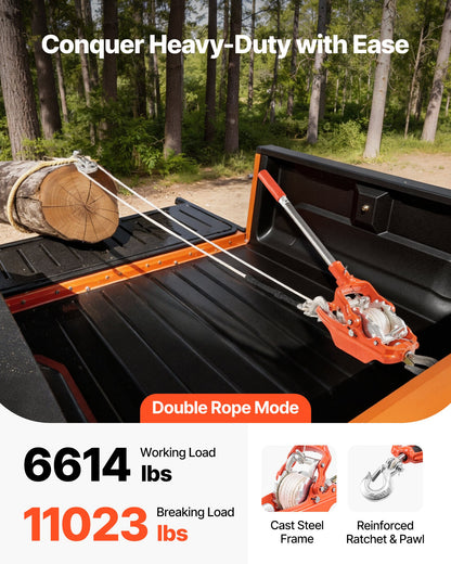 Rope Puller, 3 Ton Pulling Capacity, Heavy Duty Ratchet Power Puller Tool with 10.7 m of 8 mm Diameter Rope and 2 Hooks, Come Along Winch for Tree Felling, Moving Boats, Road Recovery