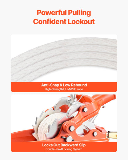 Rope Puller, 3 Ton Pulling Capacity, Heavy Duty Ratchet Power Puller Tool with 10.7 m of 8 mm Diameter Rope and 2 Hooks, Come Along Winch for Tree Felling, Moving Boats, Road Recovery