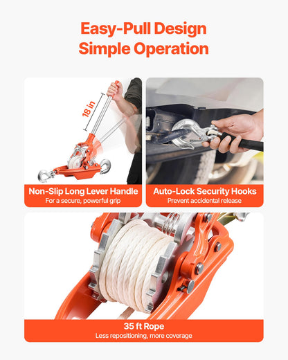 Rope Puller, 3 Ton Pulling Capacity, Heavy Duty Ratchet Power Puller Tool with 10.7 m of 8 mm Diameter Rope and 2 Hooks, Come Along Winch for Tree Felling, Moving Boats, Road Recovery