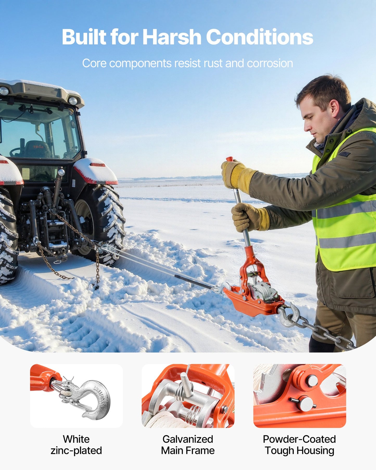 Rope Puller, 3 Ton Pulling Capacity, Heavy Duty Ratchet Power Puller Tool with 10.7 m of 8 mm Diameter Rope and 2 Hooks, Come Along Winch for Tree Felling, Moving Boats, Road Recovery