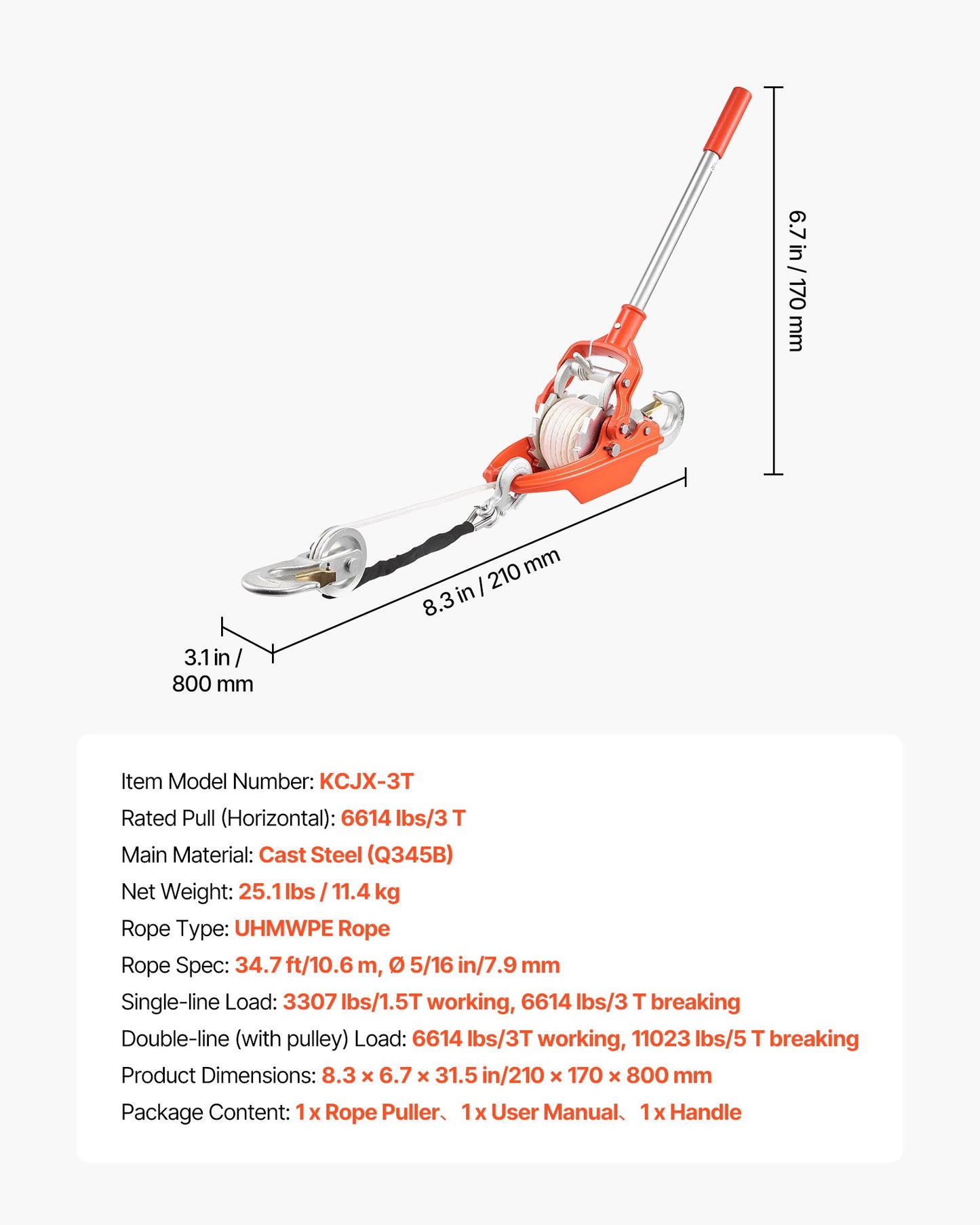 Rope Puller, 3 Ton Pulling Capacity, Heavy Duty Ratchet Power Puller Tool with 10.7 m of 8 mm Diameter Rope and 2 Hooks, Come Along Winch for Tree Felling, Moving Boats, Road Recovery
