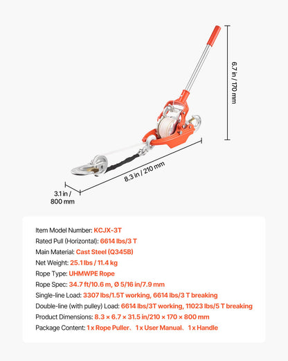 Rope Puller, 3 Ton Pulling Capacity, Heavy Duty Ratchet Power Puller Tool with 10.7 m of 8 mm Diameter Rope and 2 Hooks, Come Along Winch for Tree Felling, Moving Boats, Road Recovery